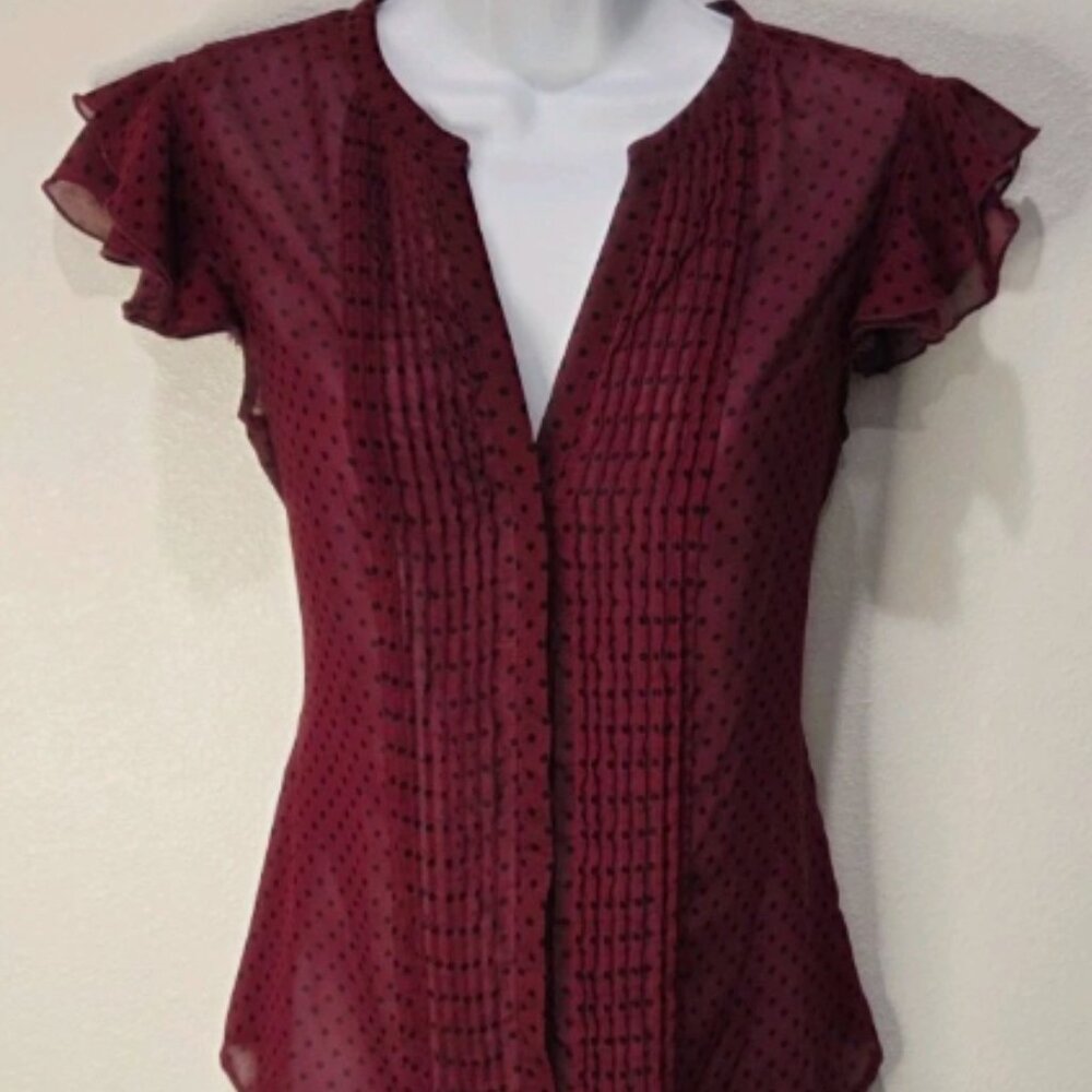 Covington Short Sleeve Button Up Sheer Ruffled Cap Sleeve Polka Dot Top- Size S